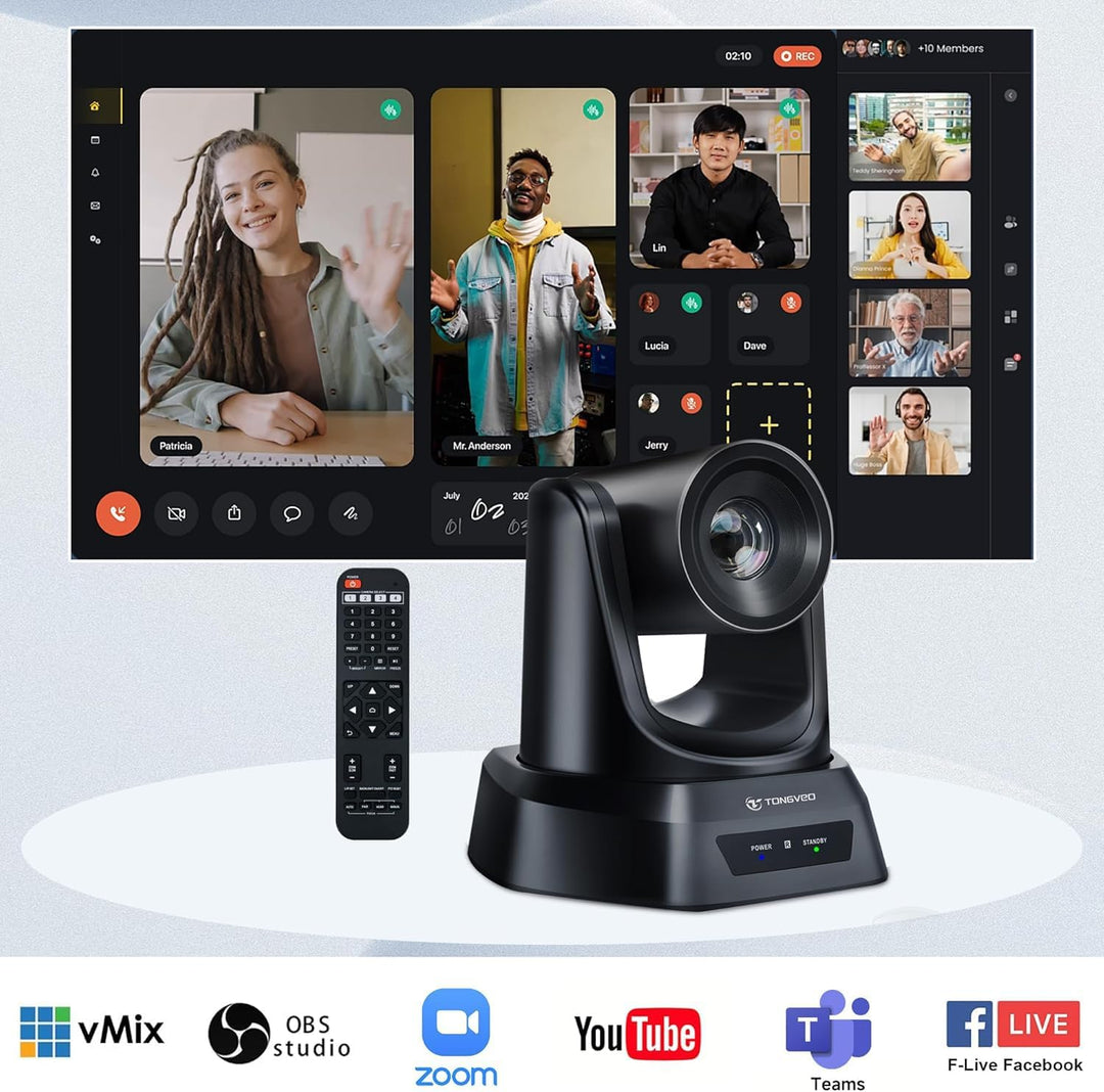TONGVEO 5.8GHz Wireless Conference Room Webcam, Church Live Streaming 3X USB 1080P 60fps PTZ Camera