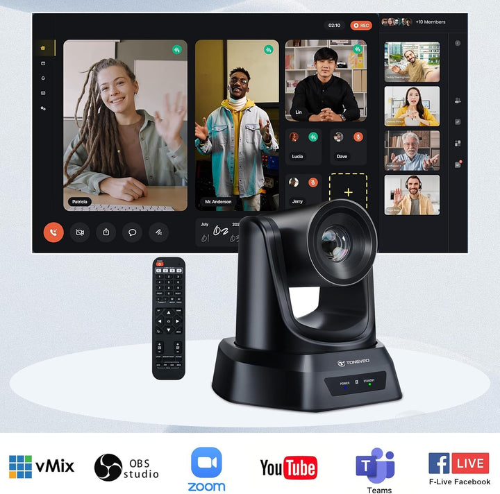 TONGVEO 5.8GHz Wireless Conference Room Webcam, Church Live Streaming 3X USB 1080P 60fps PTZ Camera