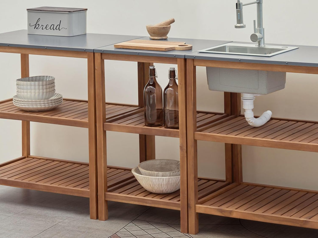 Beliani Outdoor-Kücheninsel Akazienholz braun schmal 50x50x83 cm mit Regalen Brucoli