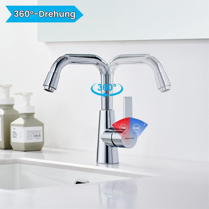 BONADE Wasserhahn Bad, Waschtischarmatur 360° Drehbar, Waschbecken Armaturen Messing Chrom, Mischbat