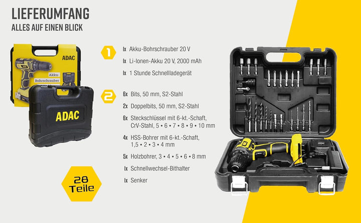 ADAC M17692 20V Akku-Bohrschrauber im Koffer mit Zubehör