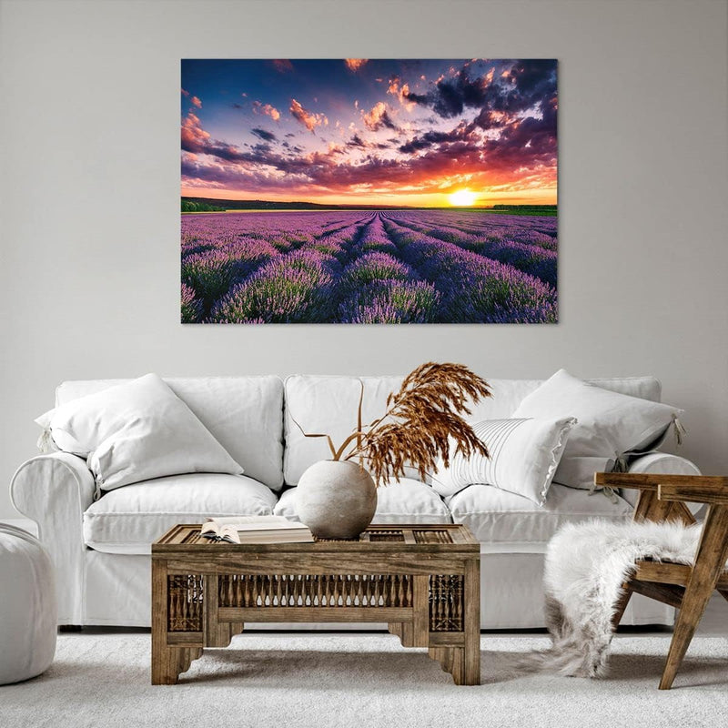 Bilder auf Leinwand 100x70cm Leinwandbild mit Rahmen Lavendel Berge Feld Gross Wanddeko Bild Schlafz