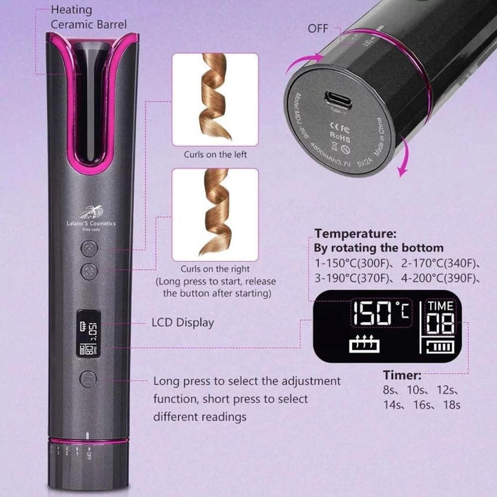 Lalano’S Cosmetics Automatischer Lockenstab – Kabelloser Smart Hair Curler mit LCD-Display, Keramikb