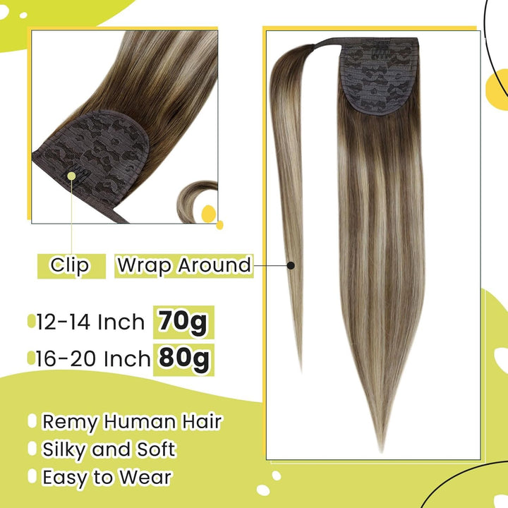 RUNATURE Remy Ponytail Echthaar 45cm/18 Zoll Unsichtbarer Clip in Zopf Haarverlängerung Human Hair D