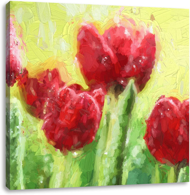 Pixxprint Rote Tulpen mit Tropfen bedeckt als Leinwandbild Quadratisch/Grösse: 70x70 / Wandbild/Kuns