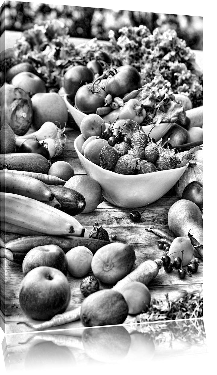 Pixxprint Monocrome, Buntes Obst und Gemüse, Format: 100x70 auf Leinwand, riesige Bilder fertig gera