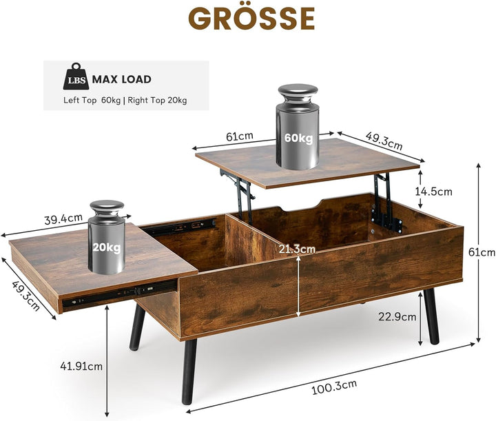 JanflyHome Couchtisch Höhenverstellbar, Couchtisch mit Stauraum, Schiebeplatte, 2 Separates Versteck