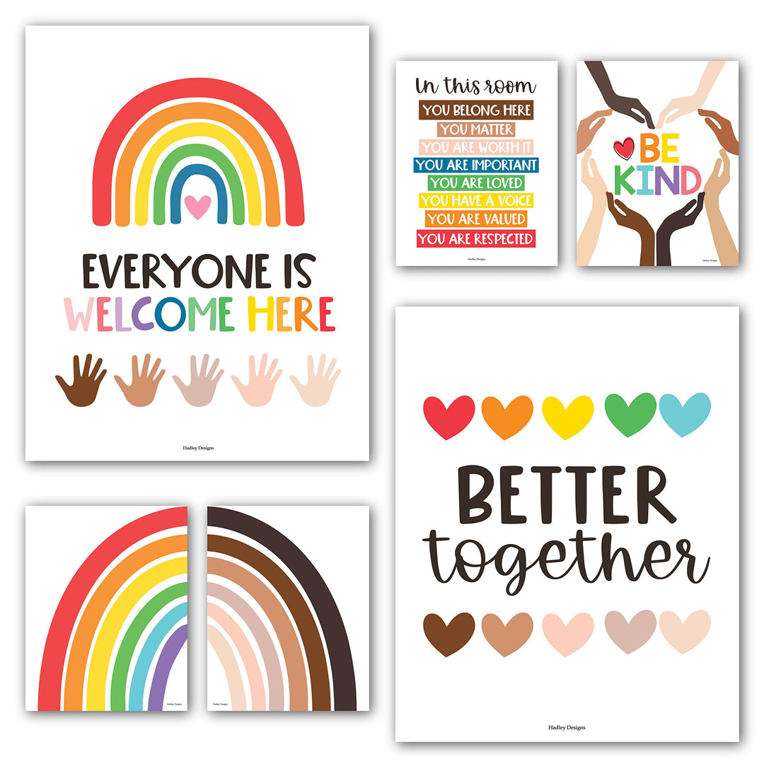 6 Regenbogen-Poster-Diversity-Poster für Klassenzimmer, Dekoration für Lehrer, Elementary – inklusiv