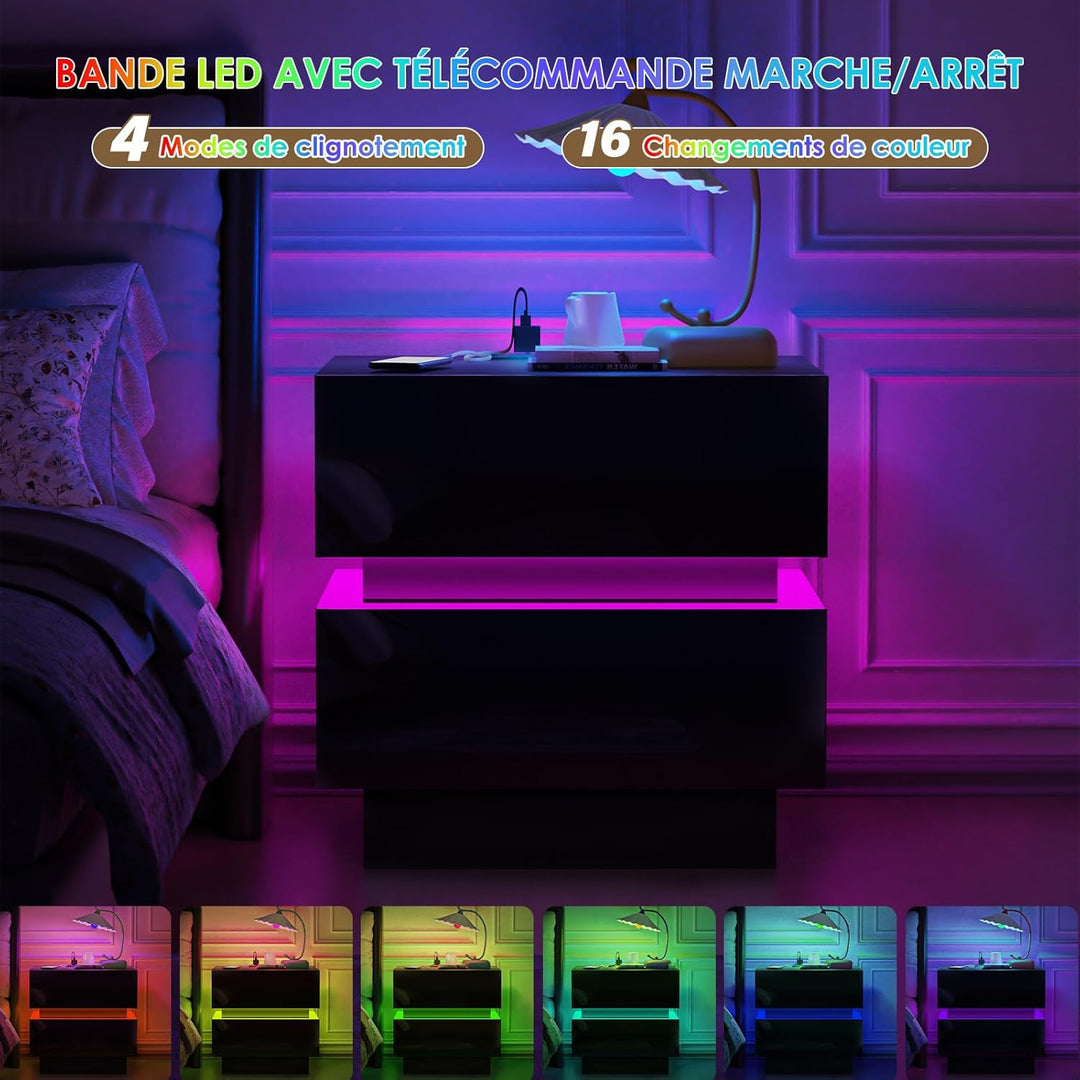 PIPIPOXER Nachttisch mit Steckdose LED-Beleuchtung, Beistelltisch, einstellbare 16 Farben, Sofatisch