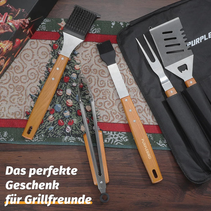 PURPLEBIRD Grillbesteckset 5-TLG, Profi Edelstahl Gril Zubehör Werkzeug Set, Tragetasche mit Schürze