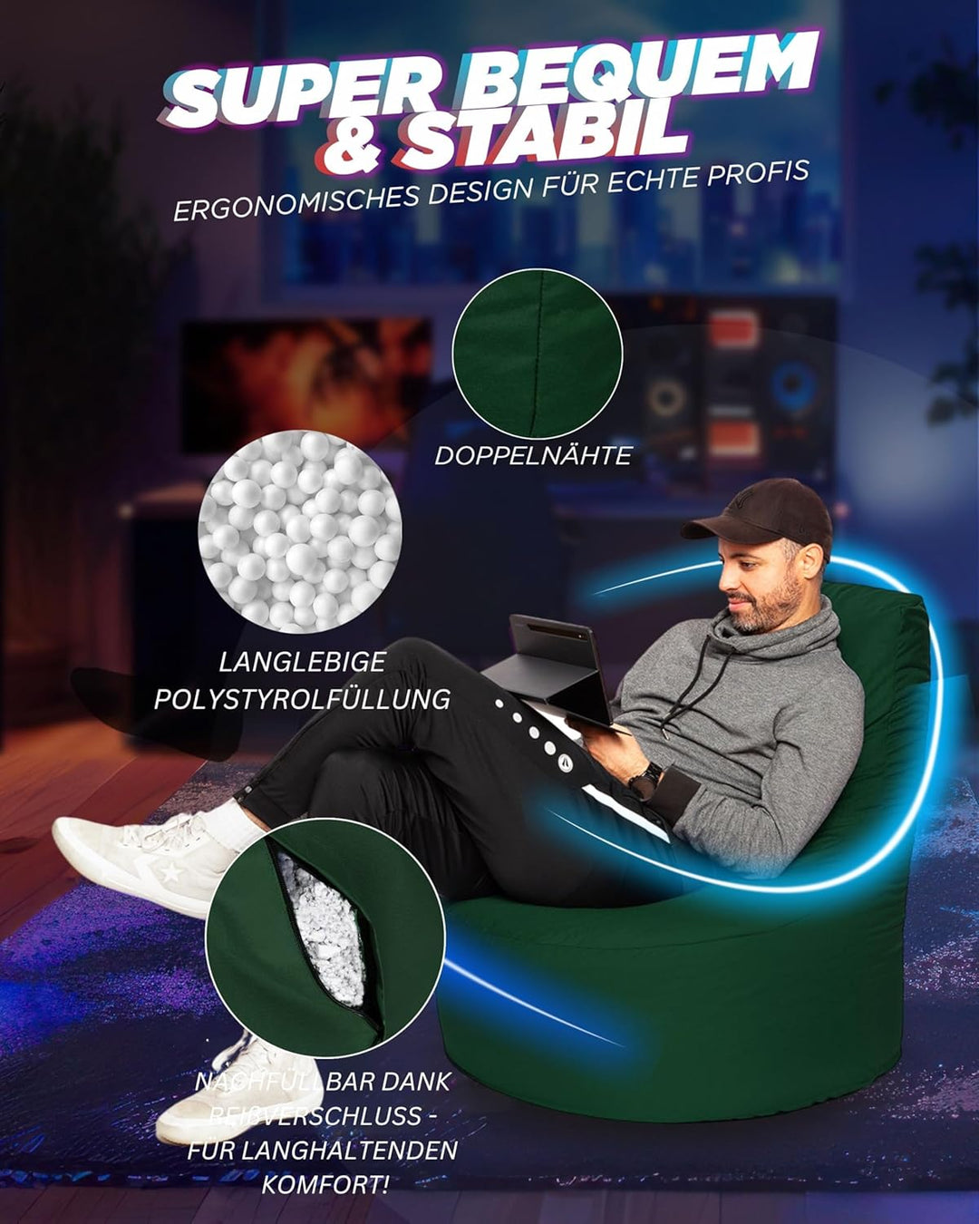 PATCH HOME Gamer Sessel mit Reissverschluss Lounge Kissen Sitzsack Sitzkissen Bean Bag In & Outdoor