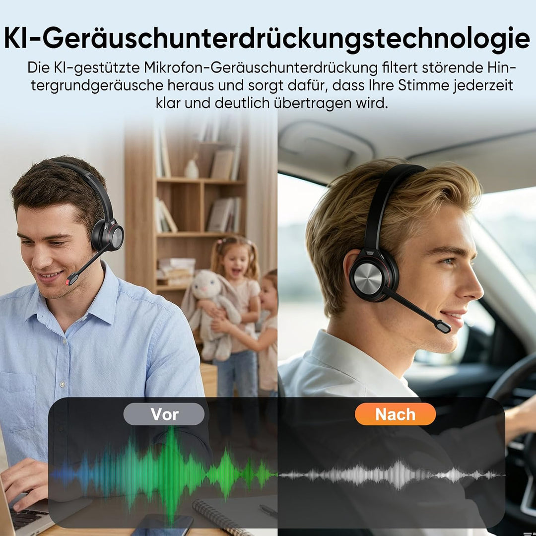 Bluetooth Headset mit Mikrofon, Wireless Headset mit USB Dongle Ladestation, Noise Cancelling Mikrof