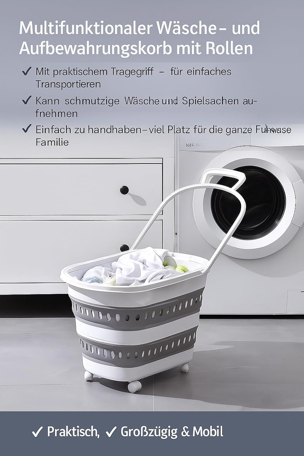 König Design Faltbarer Wäschekorb aus Kunststoff mit Rädern, 38 Liter, zusammenklappbar, mit Rollen,