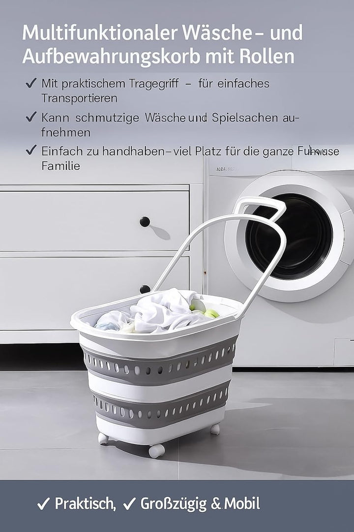 König Design Faltbarer Wäschekorb aus Kunststoff mit Rädern, 38 Liter, zusammenklappbar, mit Rollen,