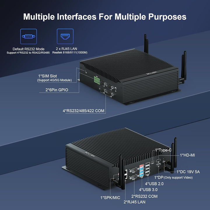 HISTTON Lüfterlos Mini PC Core i5-10210U, 16GB RAM 512GB M.2 SSD, Industrie PC mit 6 RS232 COM, HD+D