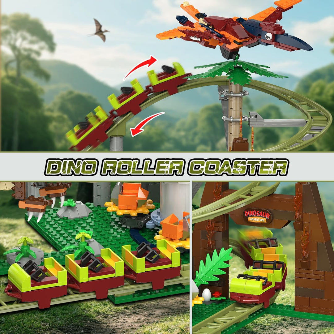 HOGOKIDS Dinosaurier Achterbahn Bausteine Spielzeug – 1222pcs Achterbahn Bauspielzeug mit 4 Dinosaur