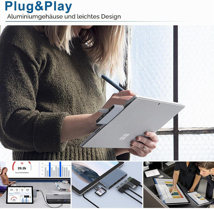 USB Hub Surface Pro 6/5/4 Docking Station Adapter, 6 in 2 Multiport Dock Zubehör mit USB 3.0, 4K HDM