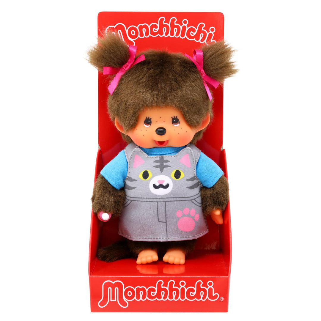 Sekiguchi 203895 - Original Monchhichi Mädchen mit Latzkleid und Katzengesicht, ca. 20 cm grosses Ku