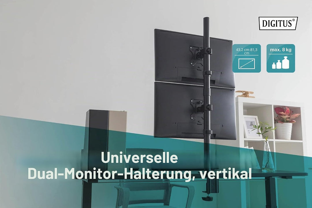 DIGITUS Monitorhalterung - Tischklemme - 2 Monitore - Vertikal - Bis 32 Zoll - VESA 75 und 100 - Sch