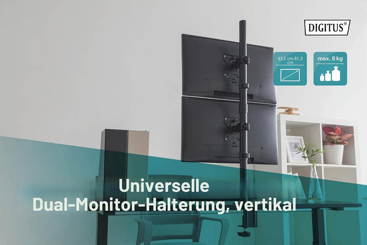 DIGITUS Monitorhalterung - Tischklemme - 2 Monitore - Vertikal - Bis 32 Zoll - VESA 75 und 100 - Sch