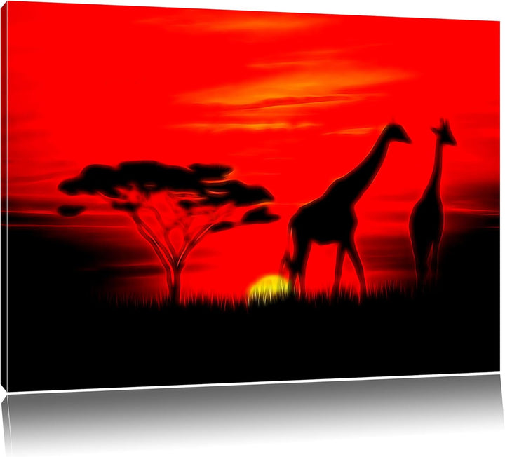 Pixxprint Giraffen im Sonnenuntergang als Leinwandbild/Grösse: 100x70 cm/Wandbild/Kunstdruck/fertig