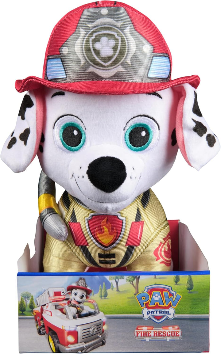 PAW PATROL Fire Rescue - Marshall Deluxe Plüschtier, 25 cm gross, in Feuerwehruniform und mit Löschr