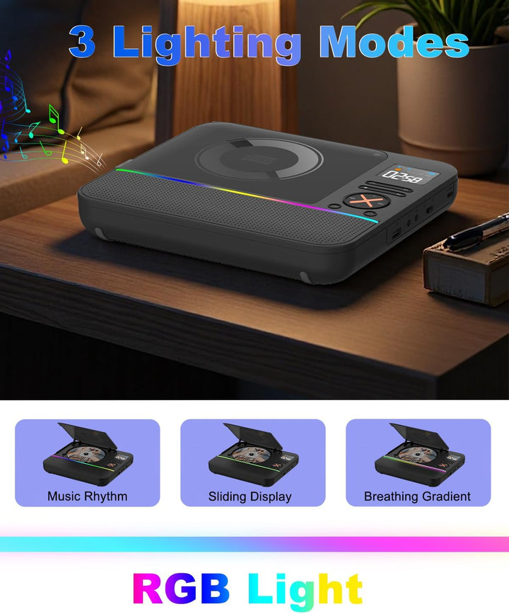 Tragbarer CD Player Bluetooth, Boombox Desktop CD-Player mit Bluetooth FM-Radio und RGB LED-Anzeige