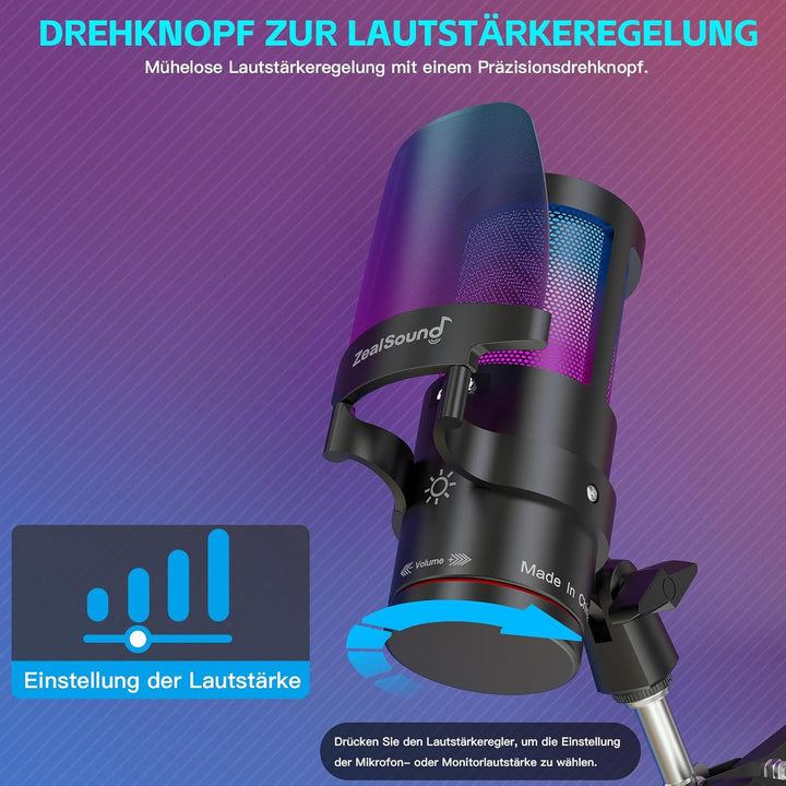 ZealSound USB Gaming Mikrofon für PC/Mac/Handy mit 2 Ständer & 2 Adapters, 192kHz/24bit mit Noise Ca