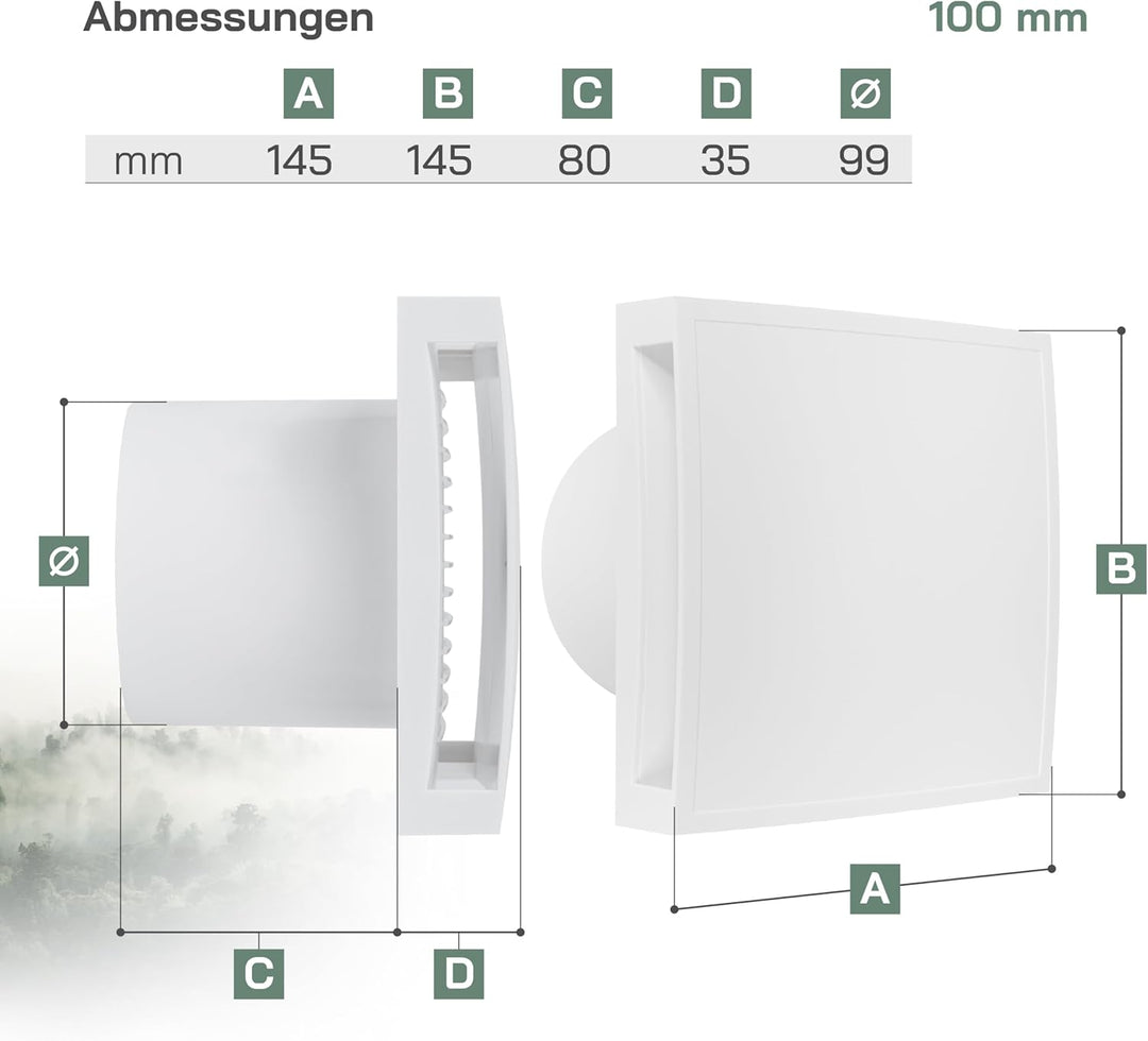 Vent Systems Badlüfter 100mm – Wasserdichter Badventilator mit Timer und Lichtschalter-Aktivierung –