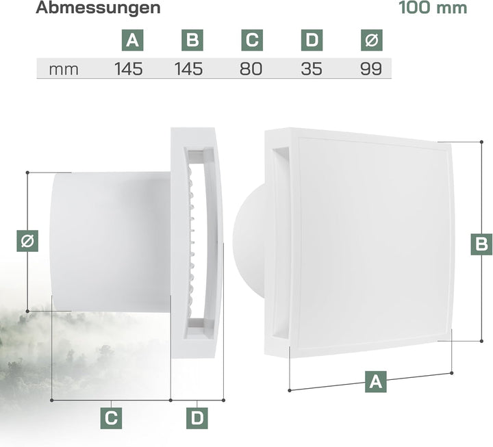 Vent Systems Badlüfter 100mm – Wasserdichter Badventilator mit Timer und Lichtschalter-Aktivierung –