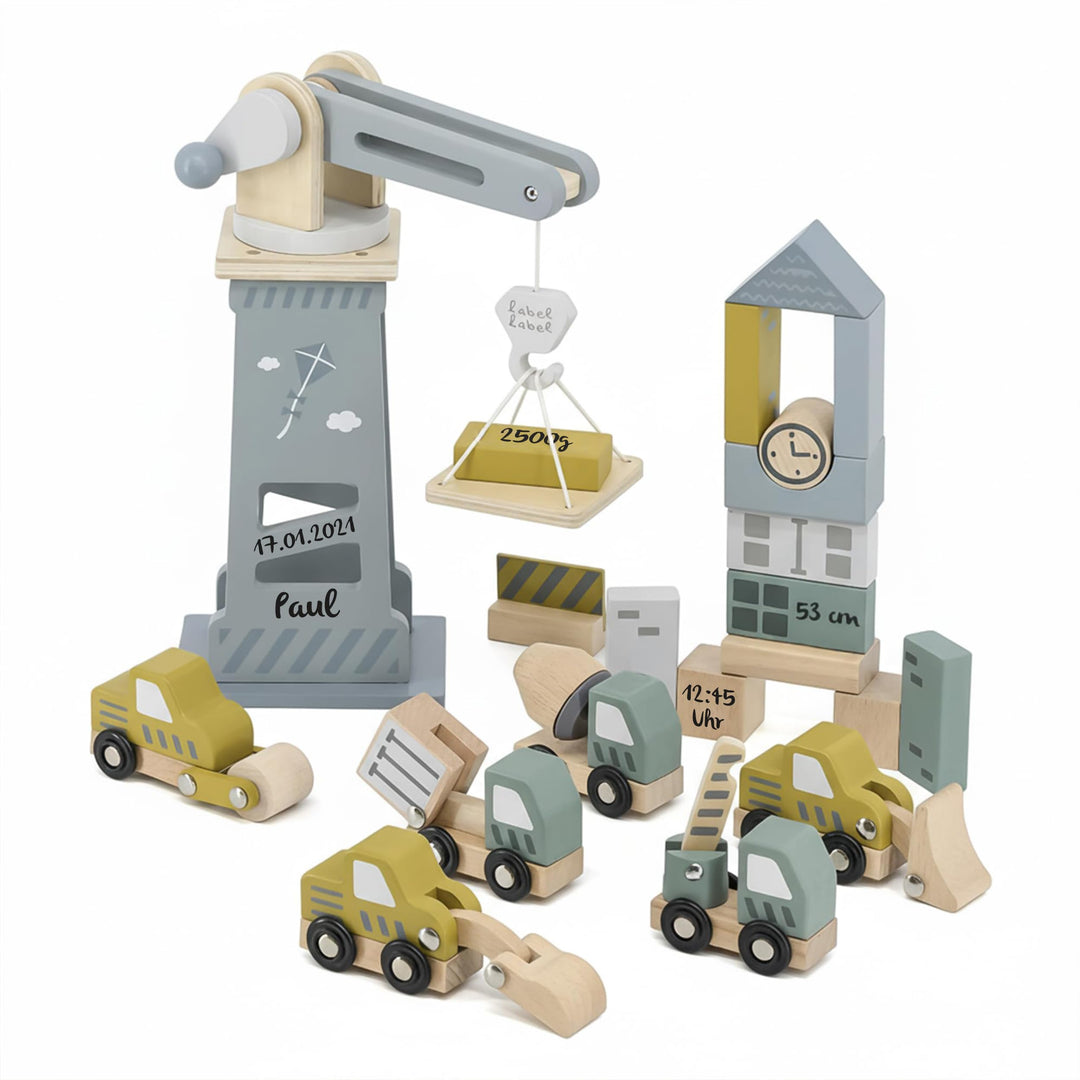 Personalisierbares Holz-Baustellen-Set – Fahrzeuge & Zubehör für Rollenspiele – für Kinder ab 3 Jahr