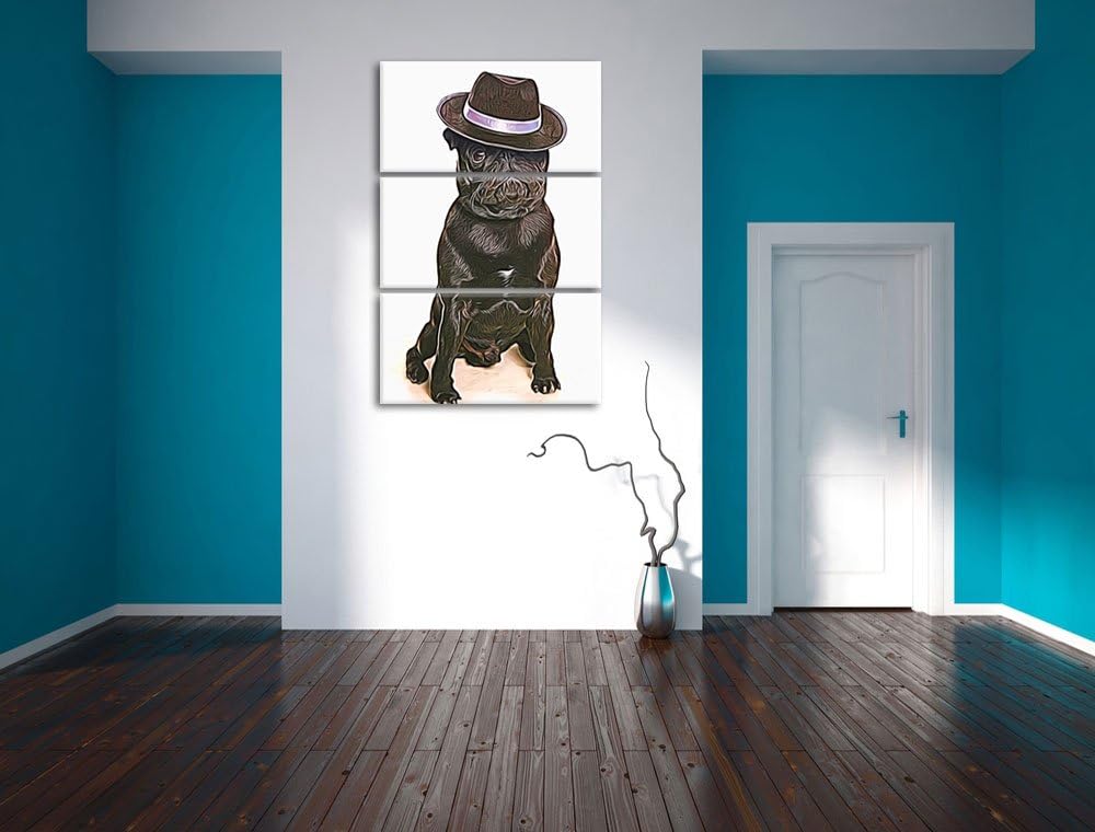 Mops mit Mafia Hut Spezial 3-Teiler Leinwandbild 120x80 Bild auf Leinwand, XXL riesige Bilder fertig