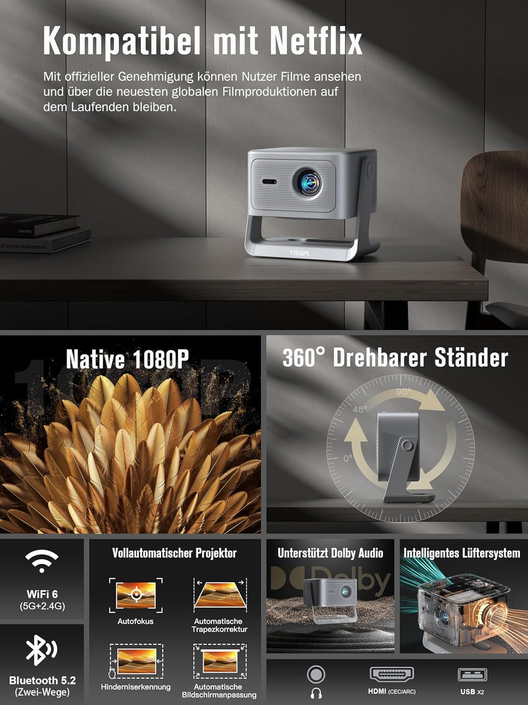 [30000Lumen & Offiziell lizenzierte App] Smart Beamer 4K Heimkino, VISSPL 3D Dolby Audio und Autofok