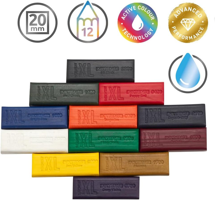 Derwent Inktense XL Farbblock, 12er-Set Malstifte, 60 mm, extrabreite Farbstifte, wasserlöslich, ide