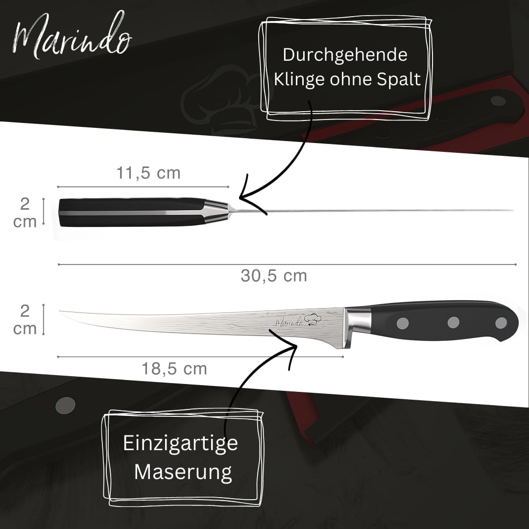 Marindo Profi Filetiermesser inkl. Scheide | Gesamtlänge: 30,5cm | Klingenlänge: 18,5cm | für Fisch