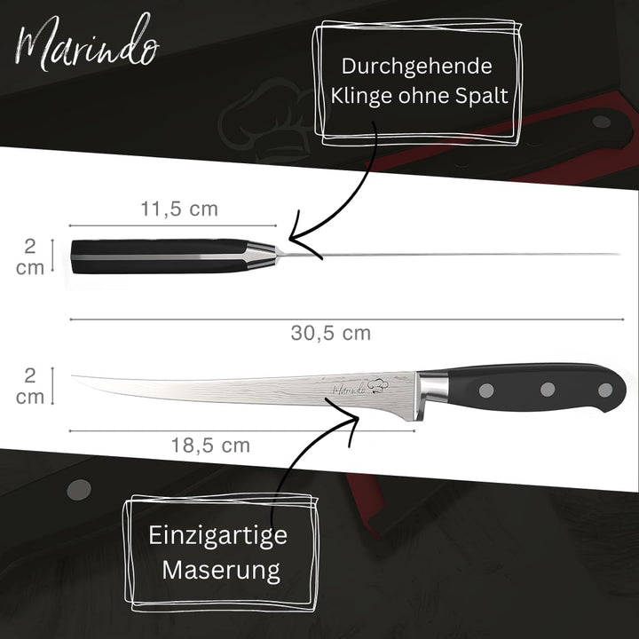 Marindo Profi Filetiermesser inkl. Scheide | Gesamtlänge: 30,5cm | Klingenlänge: 18,5cm | für Fisch