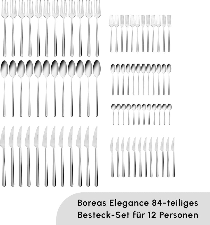 Karaca Boreas 84-tlg 18/10 Edelstahl Besteck Set für 12 Personen Modern, Silber Luxe Messer, Gabeln