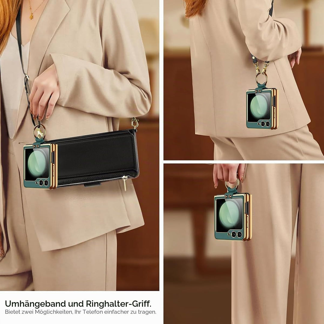 Miimall Lederhülle Kompatibel mit Samsung Galaxy Z Flip 6/Flip7 FE Hülle mit Band+Ring Ständer [HD D