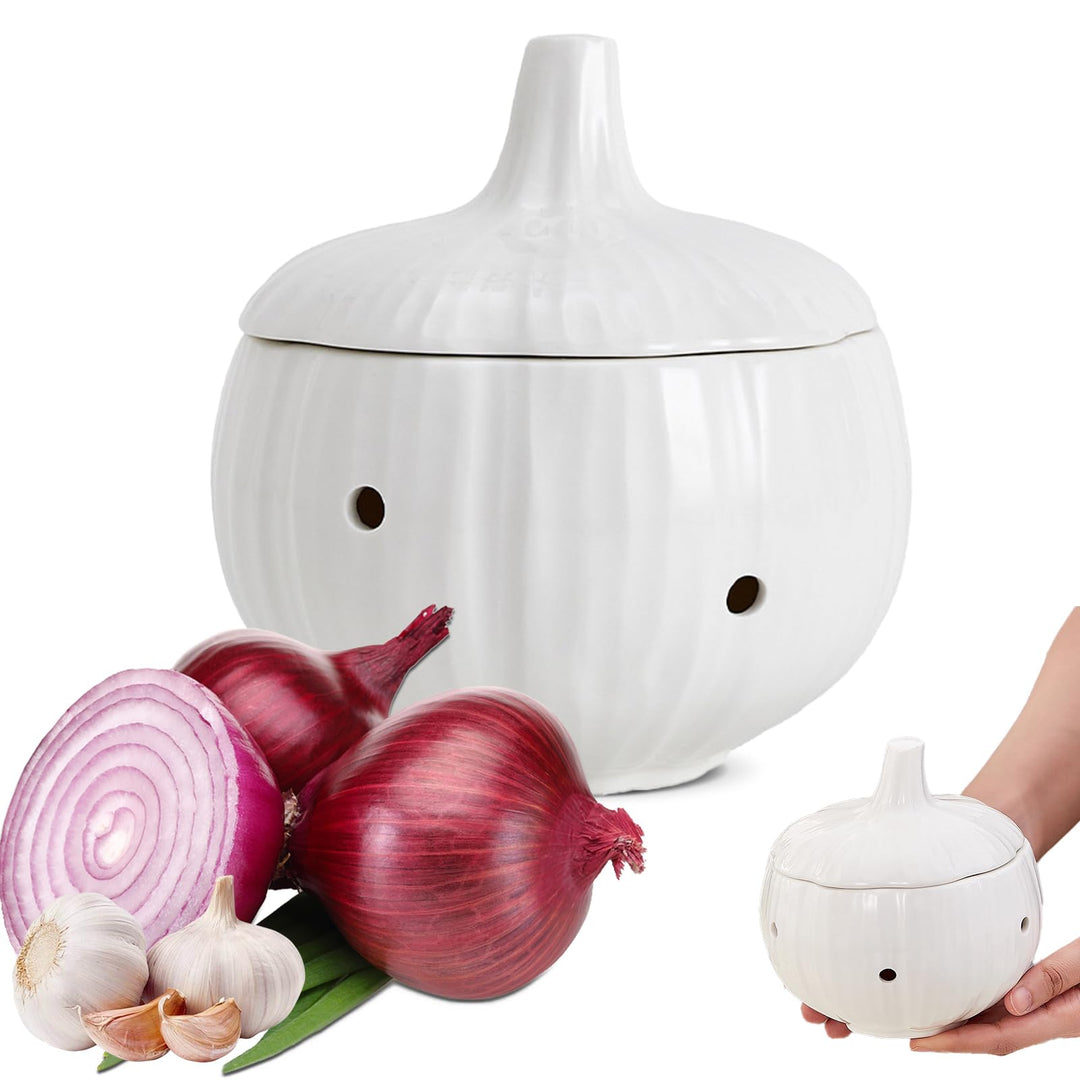 MARUKO Knoblauch Aufbewahrung, Keramik Zwiebeltopf, Keramik-Aufbewahrungstopf für Knoblauch mit Belü