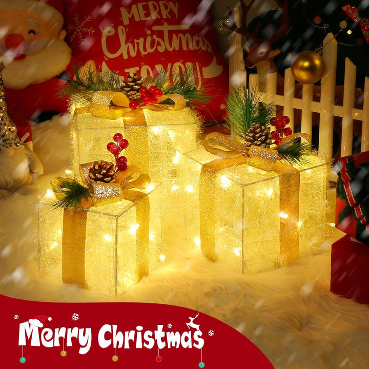 Quntis 3 Set LED Geschenkbox Weihnachten, Weihnachtsdeko Innen Strombetrieben, 60 warmweisse LEDs, B