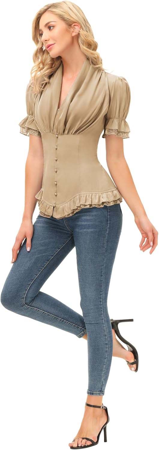 SCARLET DARKNESS Damen Rüschenbluse Mittelalter Spitzen Shirt Gothic Bluse für Party Oberteil Khaki
