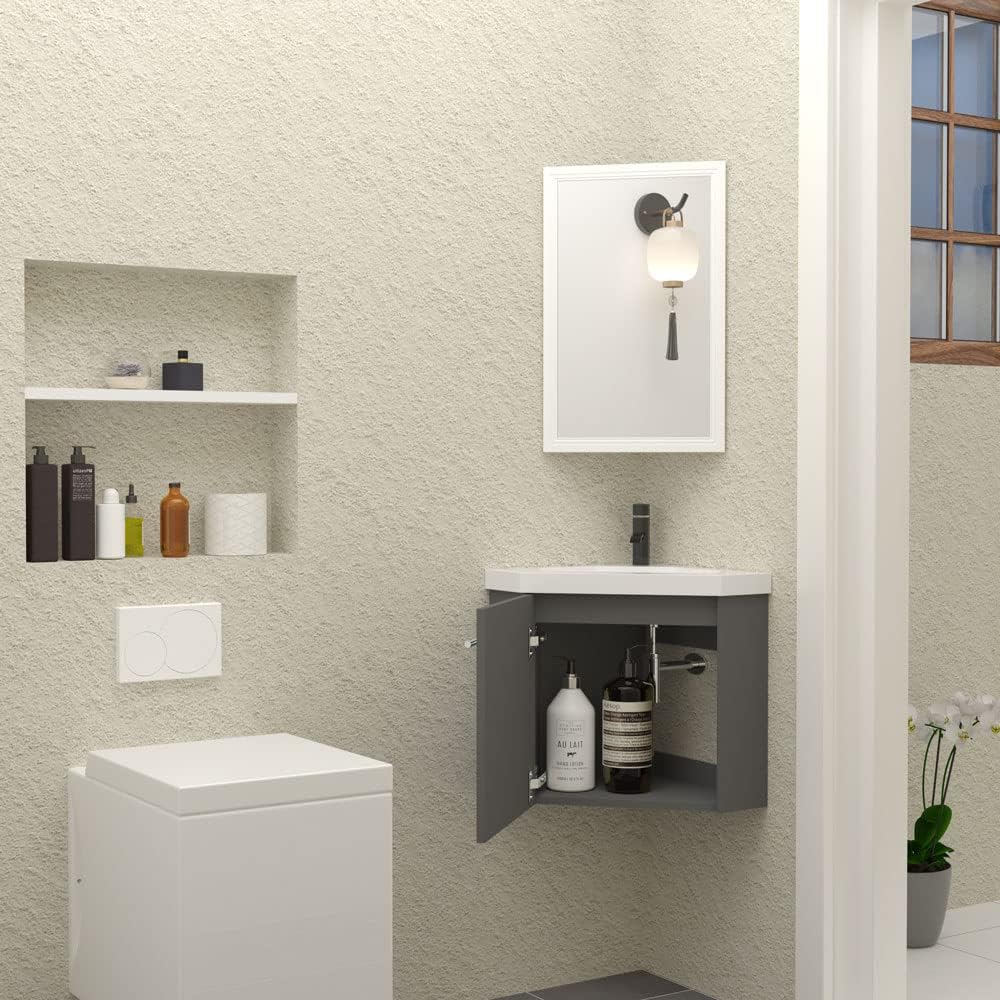HAPAOSO Eckwaschbecken mit Unterschrank Gäste Wc Klein 40 cm Eckschrank Grau 1 Soft-Close Türen Häng