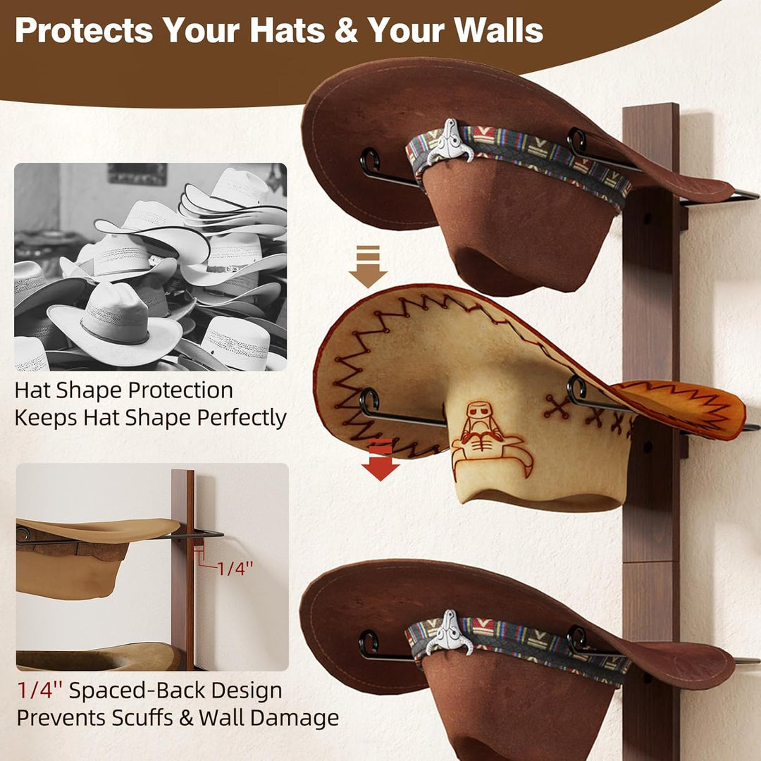 TIPSYTREE Kappenhalter, Cap Halter Tür Hut Racks, 6 Stücke Hut Rack für Cowboyhüte mit Holzbrett, Me
