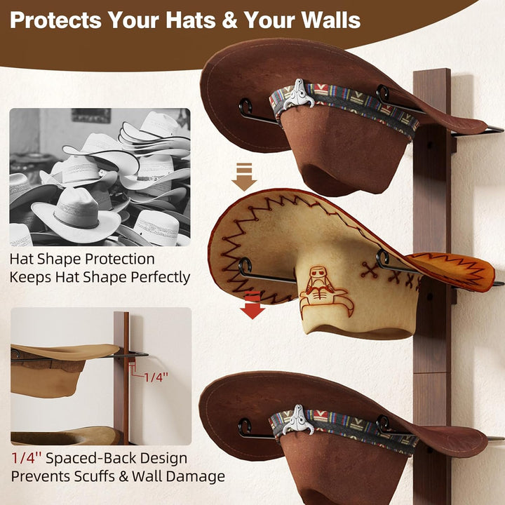 TIPSYTREE Kappenhalter, Cap Halter Tür Hut Racks, 6 Stücke Hut Rack für Cowboyhüte mit Holzbrett, Me