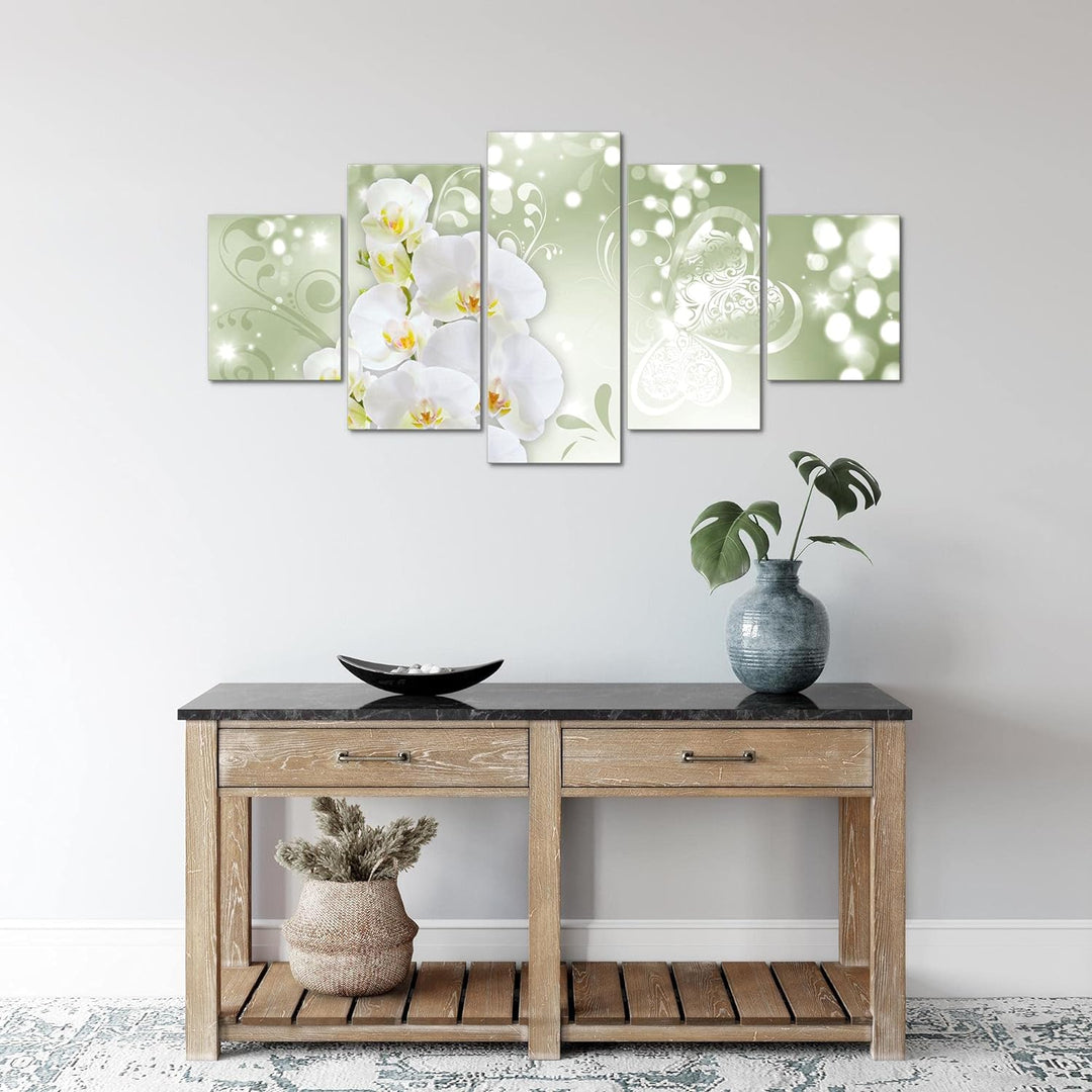Runa Art Wandbilder Blumen Orchidee 5 Teilig Bild auf Vlies Leinwand Deko Wohnzimmer Abstrakt Grün G