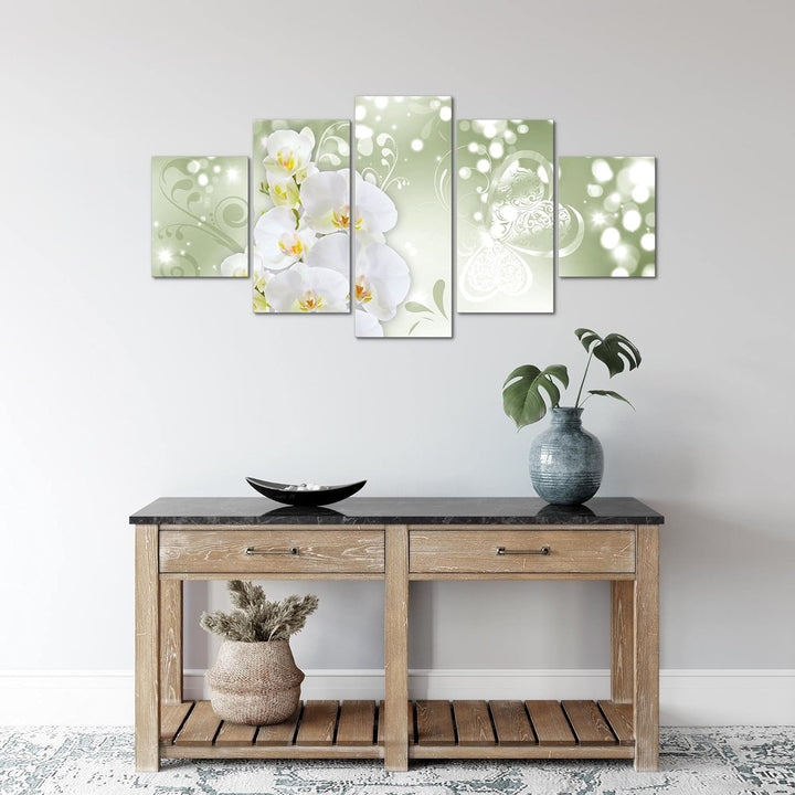 Runa Art Wandbilder Blumen Orchidee 5 Teilig Bild auf Vlies Leinwand Deko Wohnzimmer Abstrakt Grün G