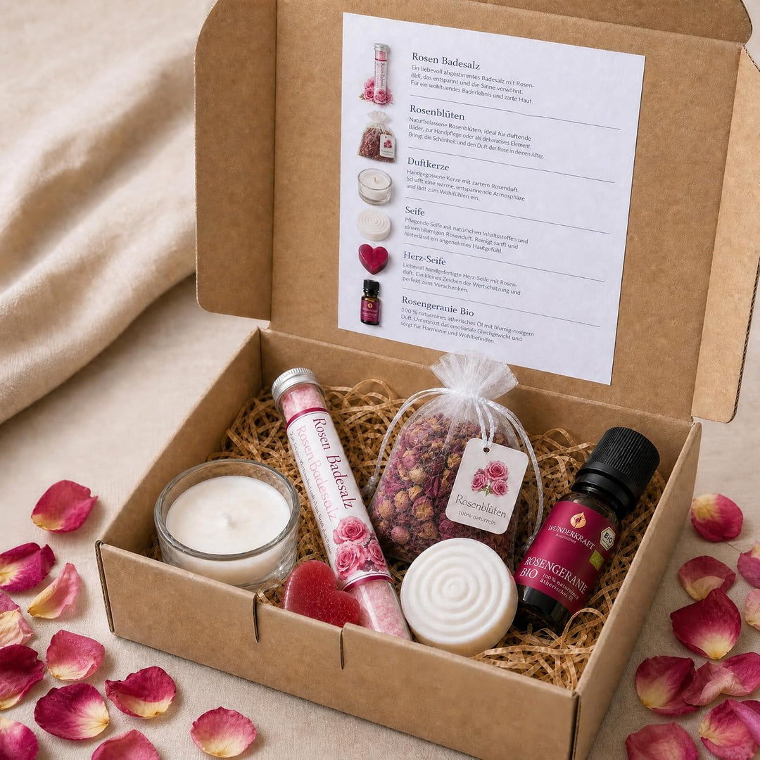 Wellness Geschenkset für Frauen mit Bio Rosengeranienöl, Rosen Badesalz &amp; Duftstein | Wellness Set f