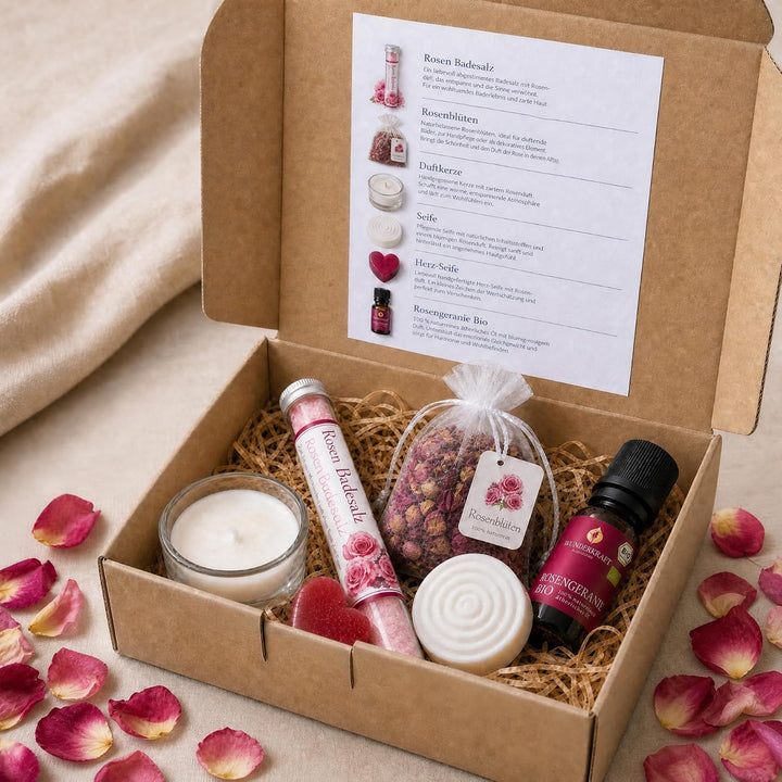 Wellness Geschenkset für Frauen mit Bio Rosengeranienöl, Rosen Badesalz &amp; Duftstein | Wellness Set f