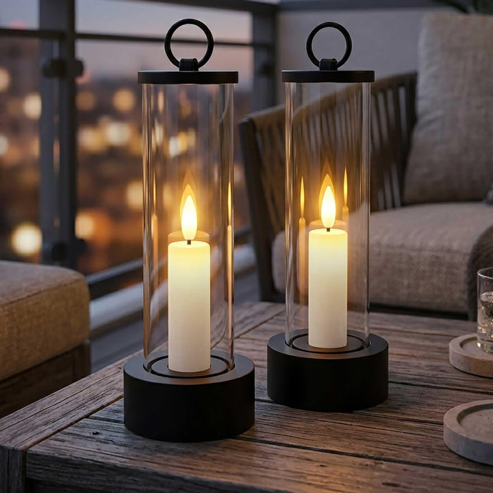 Outdoor LED Kerze im Glas batteriebetrieben mit Flammen Effekt und Timer - 2er Set - Tischkerze im W