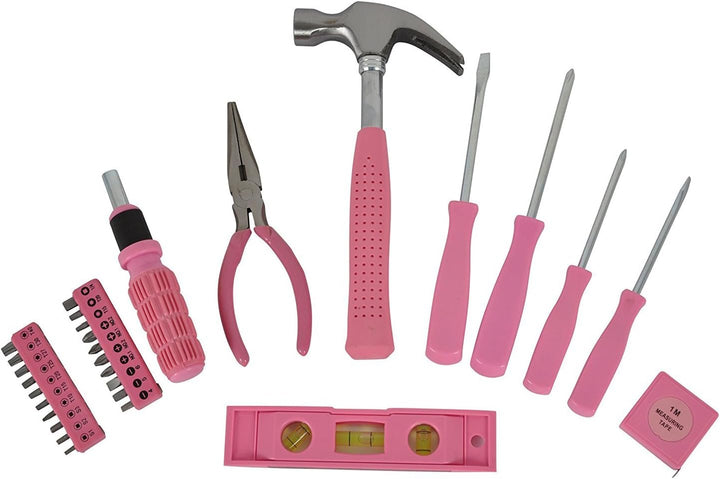 Kleiner, kompakter Werkzeugkoffer in pink mit Werkzeug in pink, Komplett-Set für Frauen, alle Teile